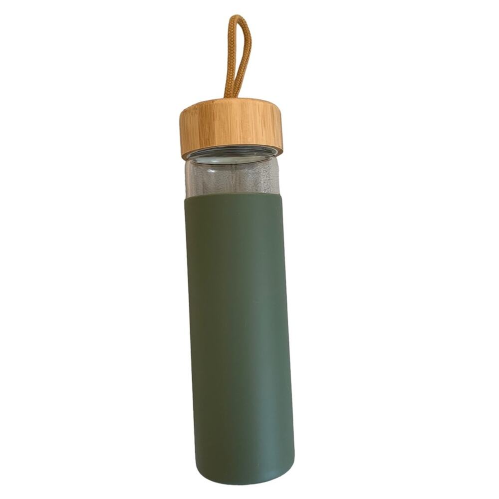 Yomious Olive 20 Oz Borosilicate Glass Water Bottle Bamboo Lid NWOT - Picture 2 of 8